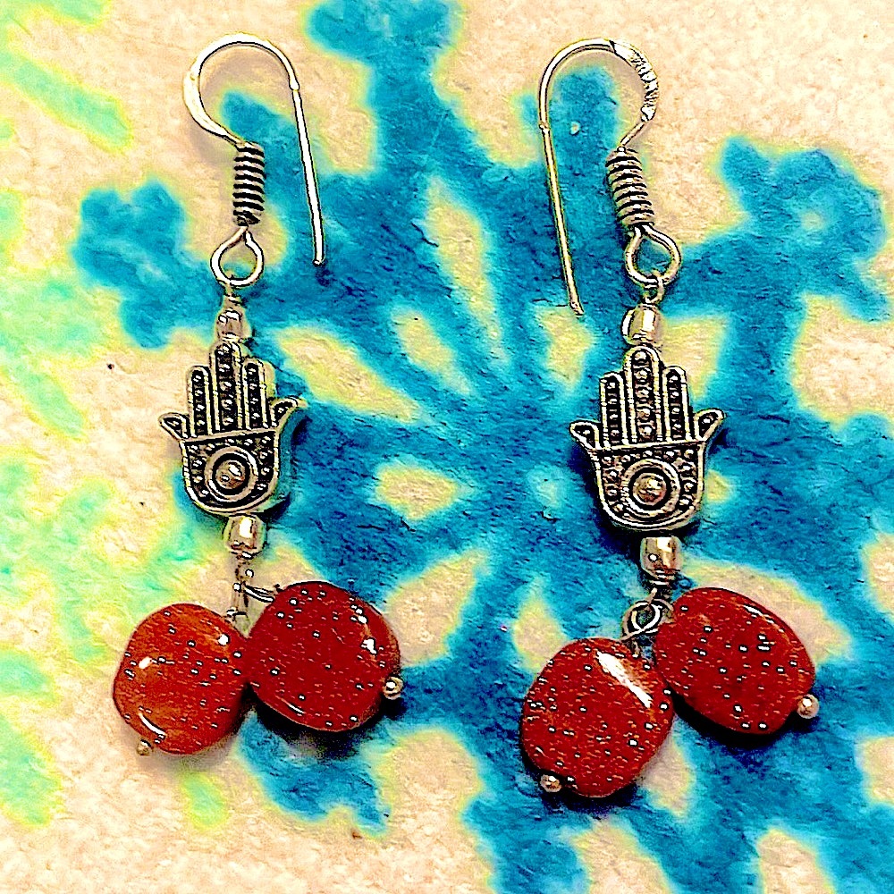 Goldstone earrings Hamsa hand pierced sterling silver sandstone sparkly India